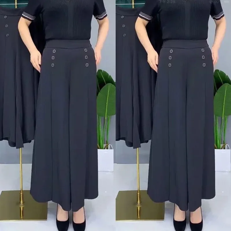 

All-match Drape Button Solid Color Bigfoot Nine Point Jilt Trousers Female Casual Pockets Loose Wide-legged Pants Skirt Z589