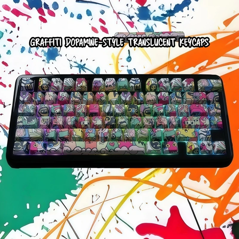 

Колпачок для клавиш на тему граффити с боковой гравировкой, полупрозрачный PBT, стиль допамина, пятисторонняя теплосублимация, персонализированный OEM, очень эргономичный