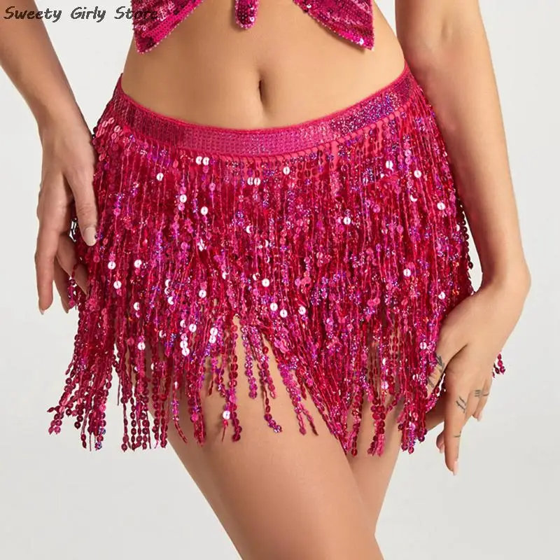 Women Bohemian Chains Sequin Belts Belly Dance Skirt Party Sexy Performance Costume Long Tassel Clubwear Indian Hip Skirts Bling