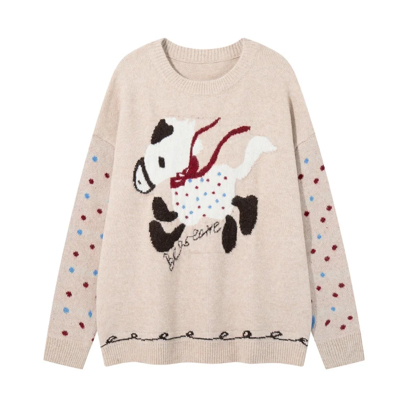 MAQVOB 고품질 EU US 사이즈 귀여운 자카드 크루넥 스웨터 유니섹스 가을 겨울 루즈핏 다용도 니트웨어