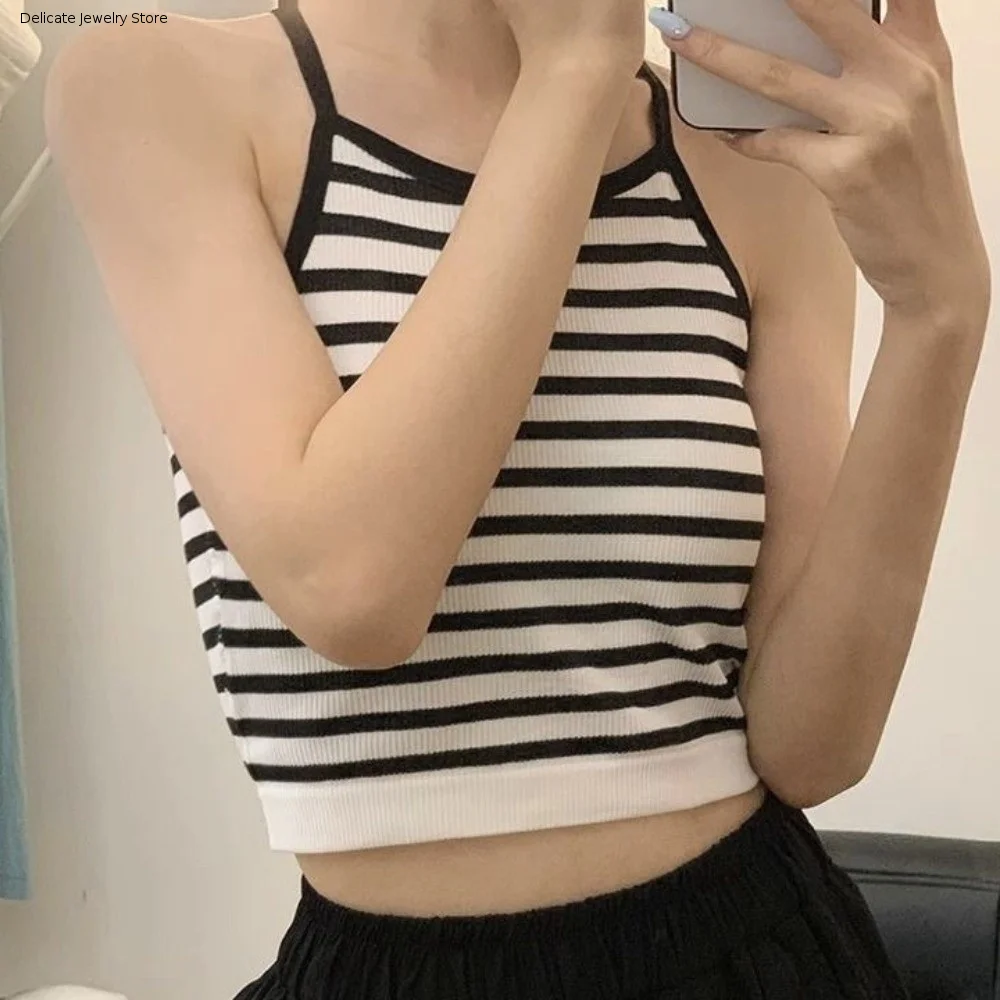 Korean Version Sleeveless Crop Top Slim Fit Stripe Ladies' Sling Vest with Chest Pad Women Camisole Casual Wear