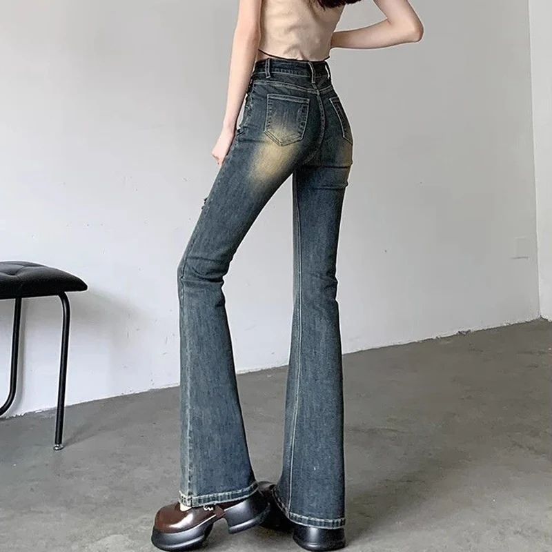 Frau Hohe Taille Gothic Ripped Flare Jeans Weibliche Designer Bell-Bottom-Hose Mädchen Mode Blau Y2k High Street Denim Hosen