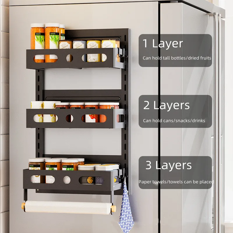 Imagem -02 - Home Magnetic Side Storage Rack Multi-layer Folding Cozinha Geladeira Instalação Gratuita de Tempero Cabides de Parede