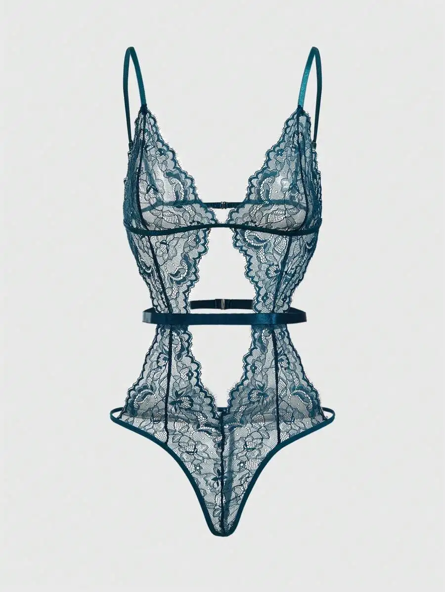 Body de encaje floral color verde azulado con aberturas, tirantes ajustables y cinturilla