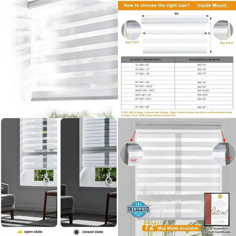 

Dual Layer Cordless Light Control Blinds, 36W x 47H, White, Free-Stop Roller Shades for Windows and Bedrooms