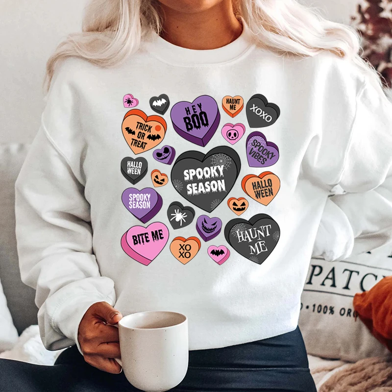 

Popular Halloween Heart Spooky Season Hey Boo Print Hoodless Sweatshirt For Women Autumn And Winter Casual Solid Color Pullovers