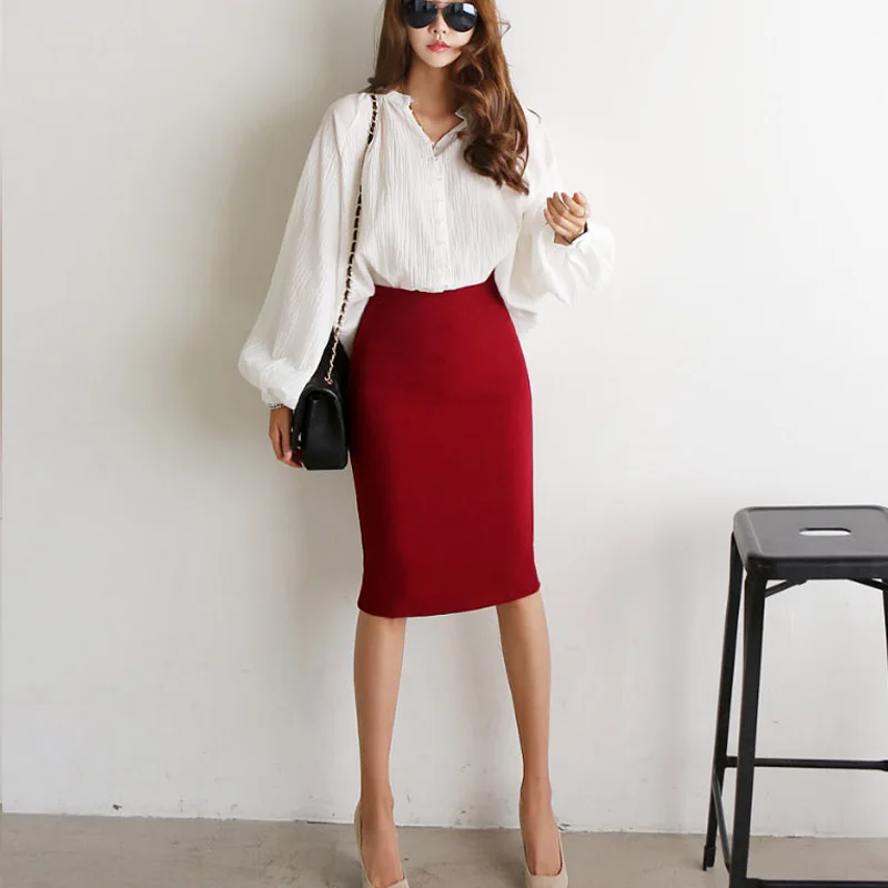 Hoge Taille Afslanken f-Lengte Rok vrouwen Lente Zomer Werk Rok Pak Pure Kleur Pendelen Sle Mid-lengte