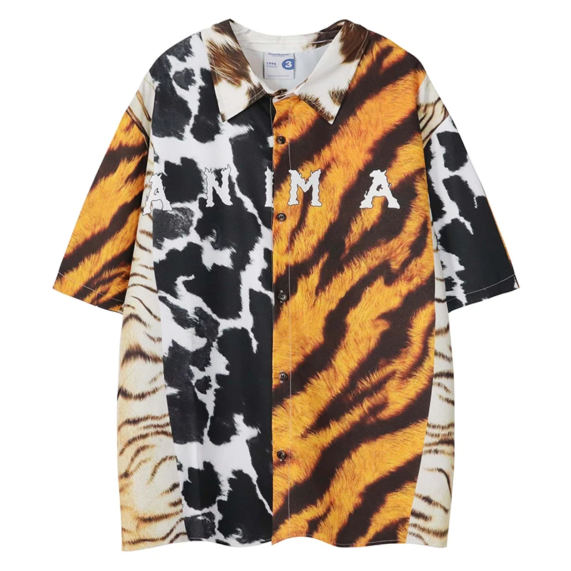 

Летняя мужская гавайская пляжная рубашка в стиле хип-хоп с леопардовым принтом, Гавайская рубашка 2025 года, уличная одежда в стиле Харадзюку, модные повседневные рубашки Aloha
