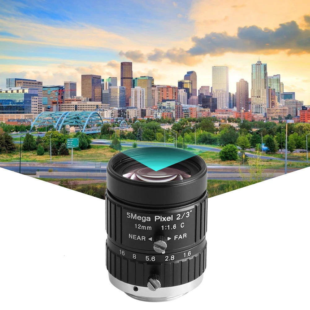 CCTV HD 12mm 5MP 2/3 C Mount Security Camera Lens with Manual Aperture, Black Color, Model CW-FM1216-5MP, Focal-Length 12mm,