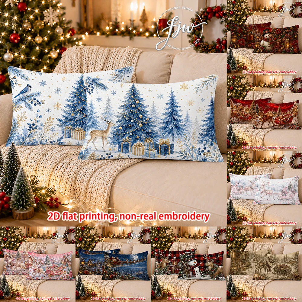 2pcs Christmas Winter Farmhouse Lumbar Pillow Covers Festive Holiday Decorative Throw Pillow Cases for Sofa Couch Bed