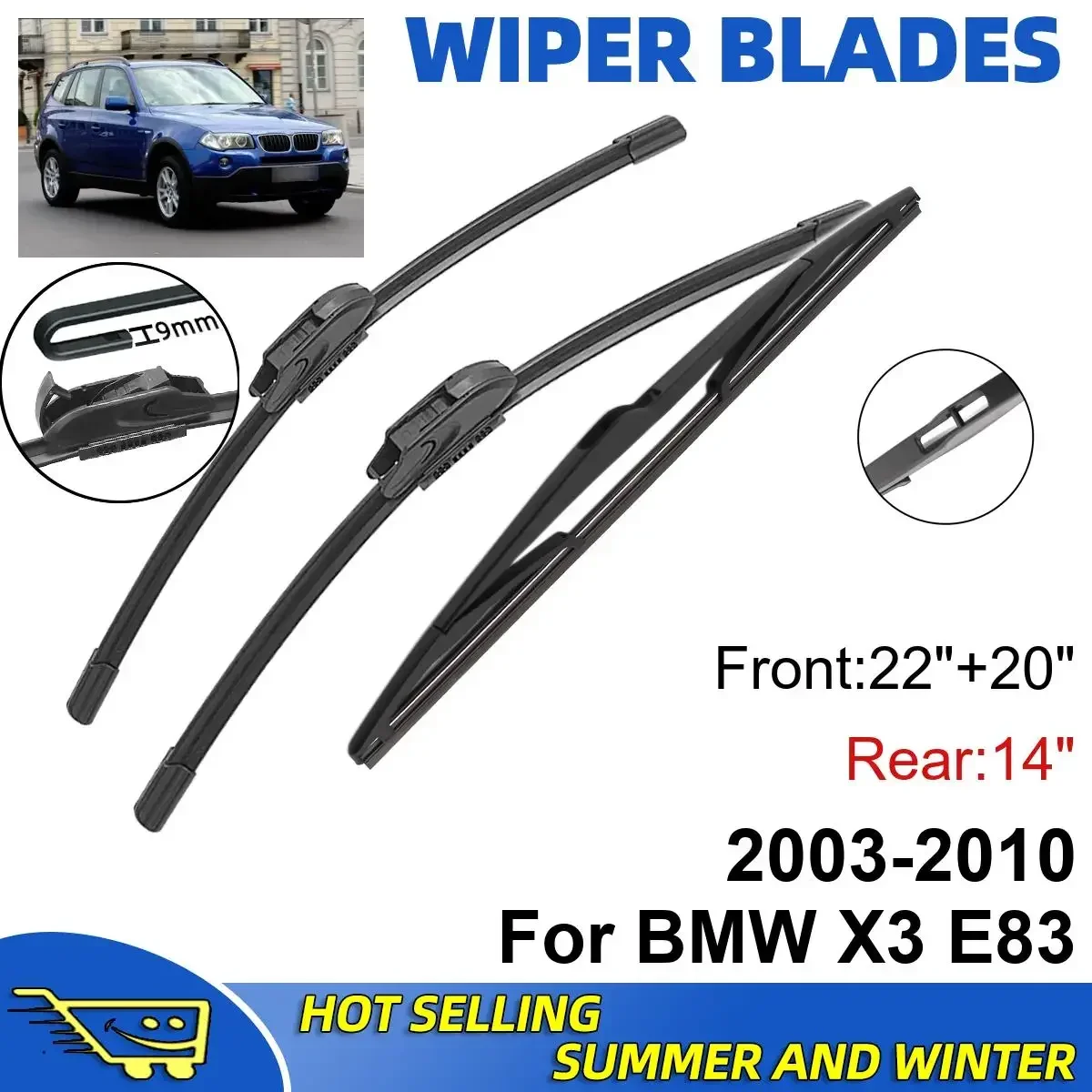 

3PCS For BMW X3 E83 2003-2010 22" + 20"+ 14" Front Rear Wiper Blades Windshield Windscreen Window Cutter Accessories
