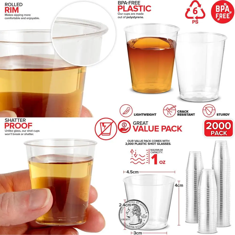 

2000 прозрачных пластиковых одноразовых бокалов — идеально подходят для выстрелов на желе, жаровня и вине и мини-вечеринок.