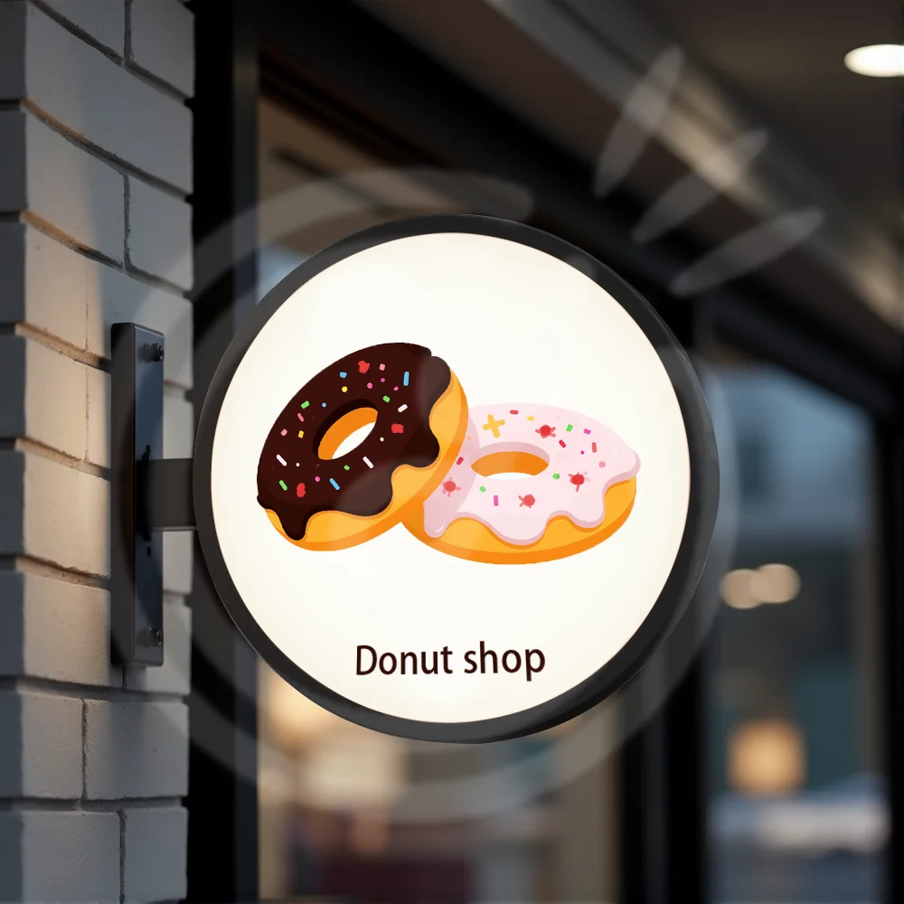صندوق إضاءة مخصص لمتجر الدونات لواجهة المتجر LED من الأكريليك المستدير مقاوم للماء على الوجهين لافتات الأعمال الخارجية المثبتة على الحائط