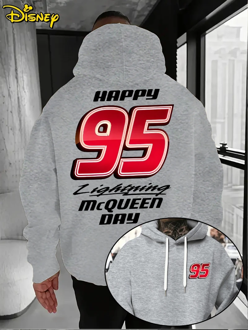 سترة ديزني - سترة بقلنسوة للرجال بنمط الرسوم المتحركة الحمراء 95 للخريف/الشتاء، سترة بقلنسوة فضفاضة بجيب أمامي، مناسبة لملابس غير رسمية