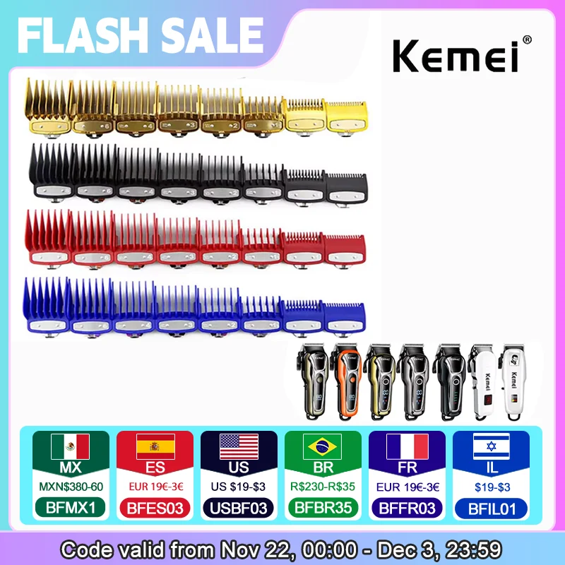 Kemei Hair Clipper Limit Comb Guide Attachment Size Barber Replacement 1.5/3/4.5/6/10/13/19/25/mm 8pcs Set For 1990 809A 1761