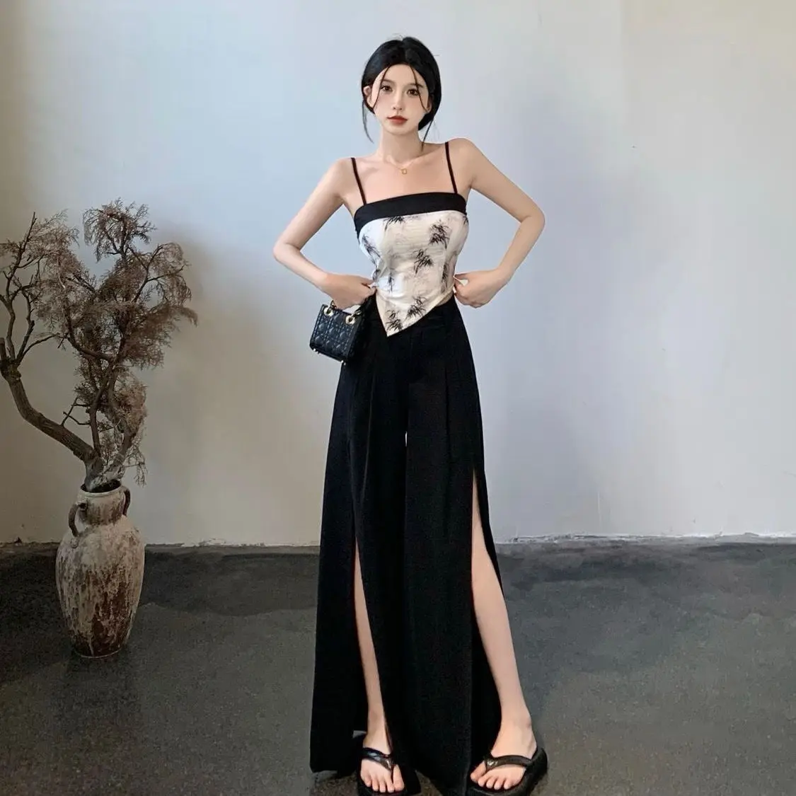 Set Split Pants Chinese Style Black Vintage Koream Fashion  Women Elegant Party Female Design Top+Casual  2024 New Two Piece Set