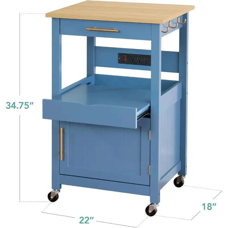 Rolling Kitchen Island Cart with Single Door Cabinet, Drawer, Sliding Tray, Outlet, Hooks, and Lockable Wheels