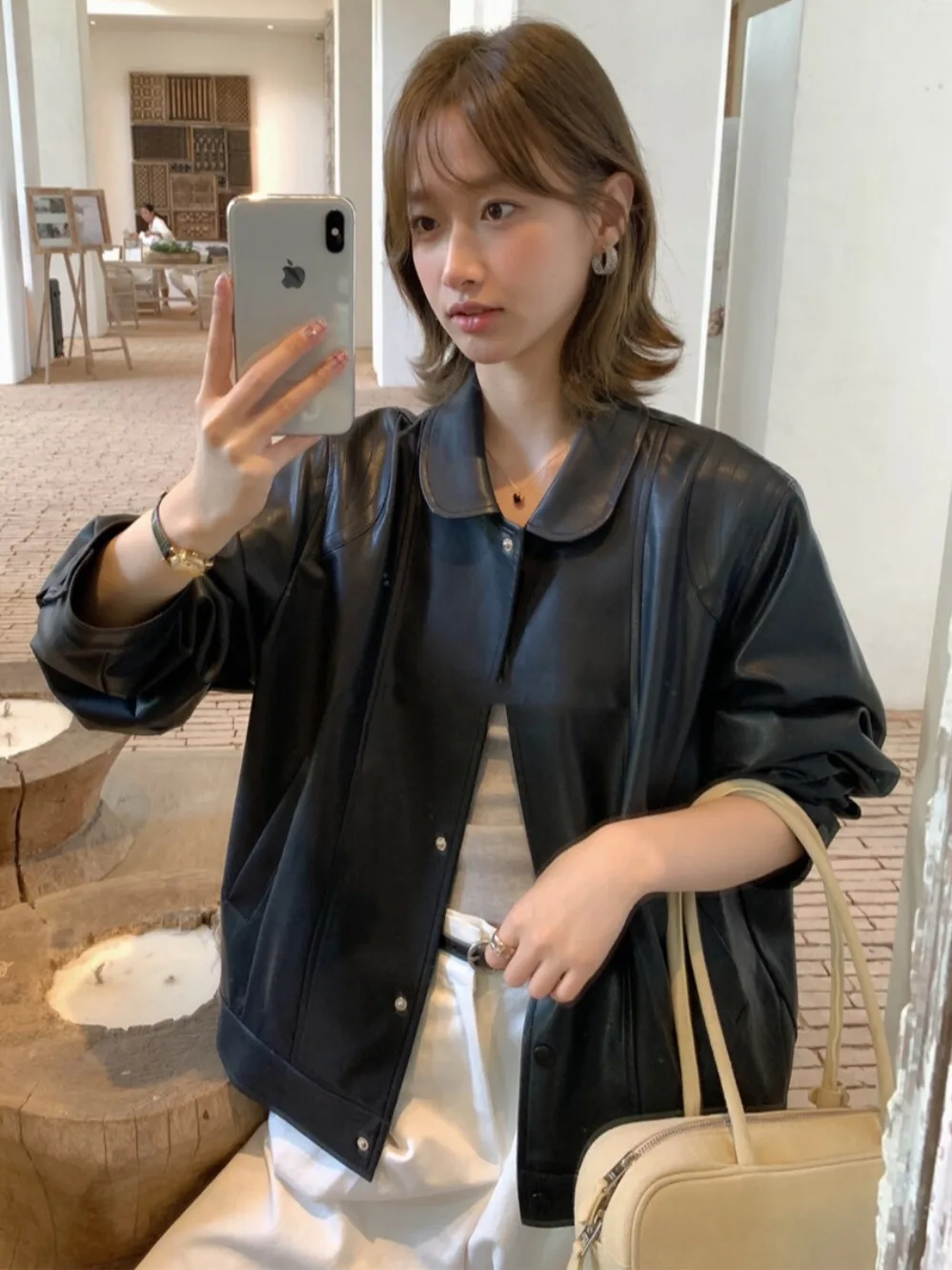 

Ele Bla PU Leather Jaet Loose Fit Sli Biker Top New Autumn Collection Faionable Stand Collar Women's Outerwear