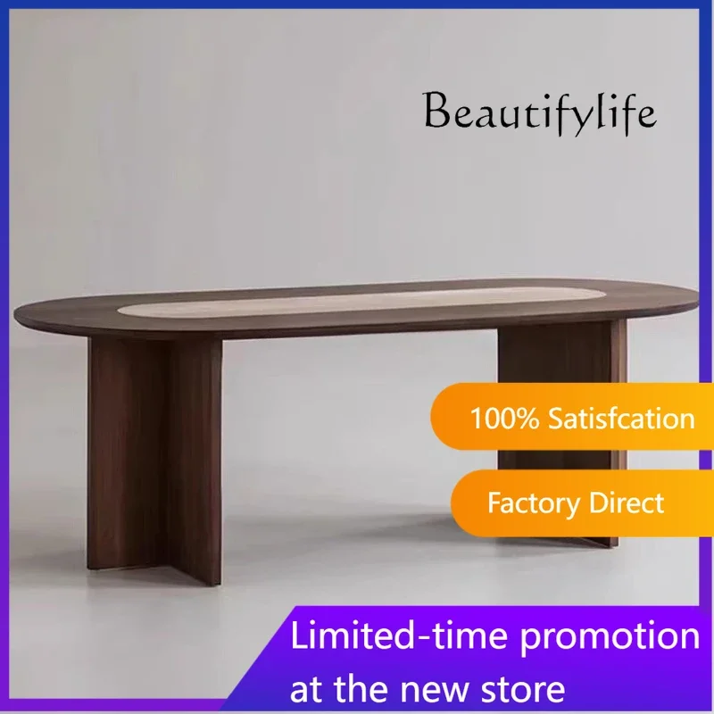 Wind tunnel stone slate dining table French retro solid wood medium ancient ash wood oval designer dining table and chairs