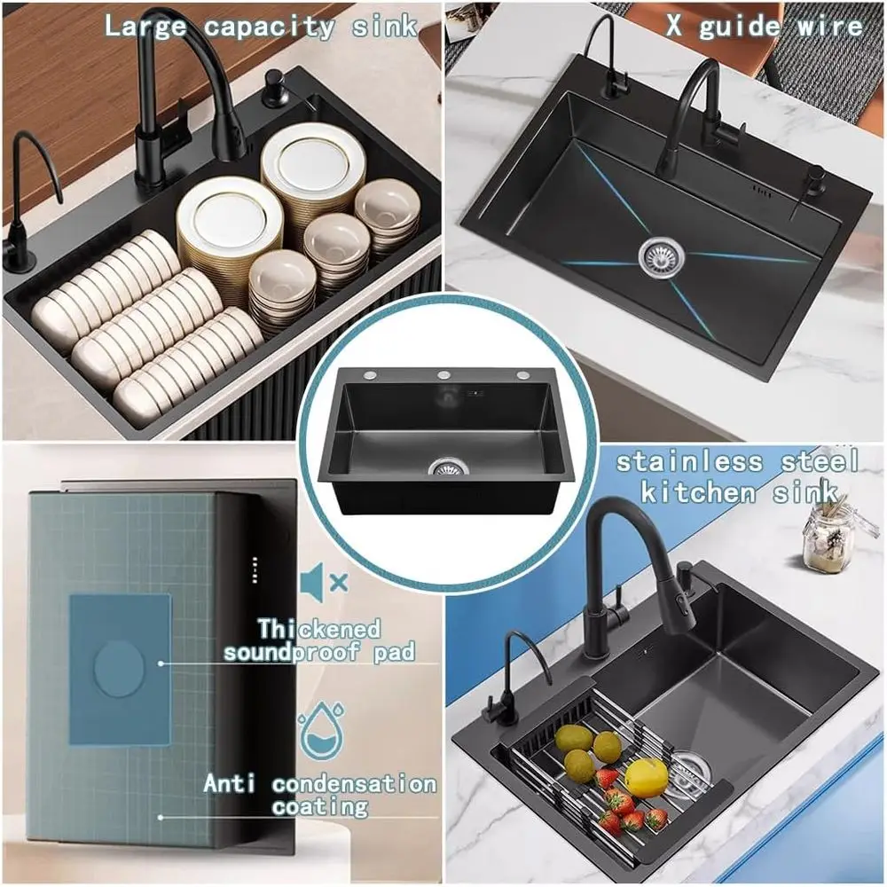 อ่างล้างจานแบบดรอปอินสีดำพร้อมที่จ่ายสบู่และตะกร้าระบายน้ำ ขนาด 19.7x17.7x7.9 นิ้ว