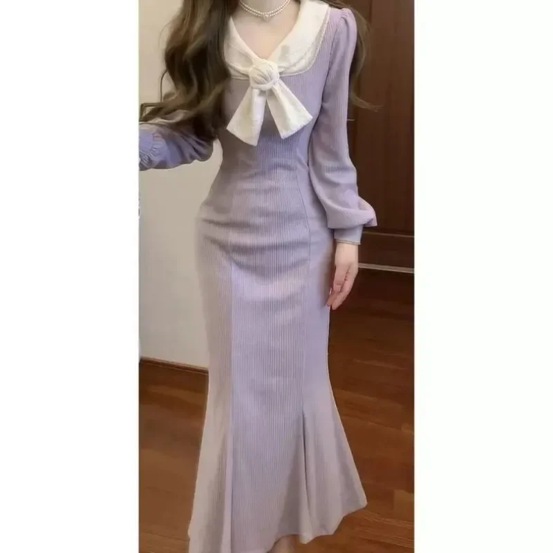 Purple Dress French Gentle Style Elegant Bow Tail Women Clothing Dress Autumn and Winter High-endlong Dress Vintage Bodycon