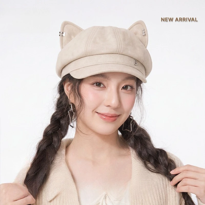 Hat 2026 Autumn and Winter New Solid Color Rounded Cat Ears Octagonal Hat Girls Cute Age-reducing Newsboy Hat Tide