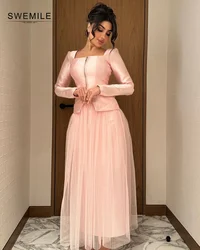 SWEMILE Pink A-Line Square Neckline Long Sleeves Tulle Zipper Up Dresses For Prom Cocktail Dresses Elegant And Pretty Women'S