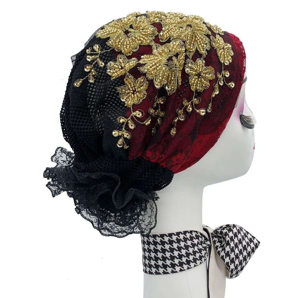 

Lady Head Wrap Bonnet Turbante Mujer Cancer Hairloss Cap 2023 New Phoenix Beading Women's Turban Cap Mesh Muslim Under Scarf Hat
