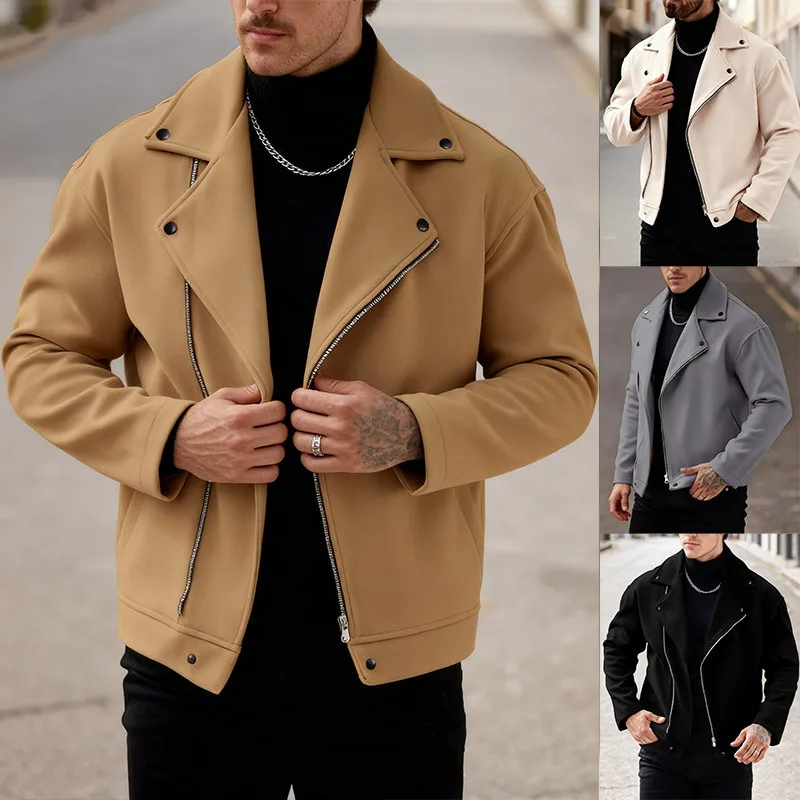 

2025 Autumn Winter New Men Asymmetric Zipper Turn Down Collar Wool Blend Casual Trendy Motorcycle Style Jacket