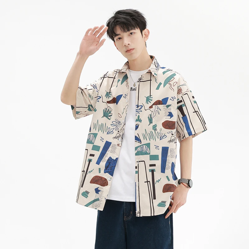 2026 Summer New Style Men's Loose Color-Contrasting Silk-Printed Flowing Short-Sleeved Shirt