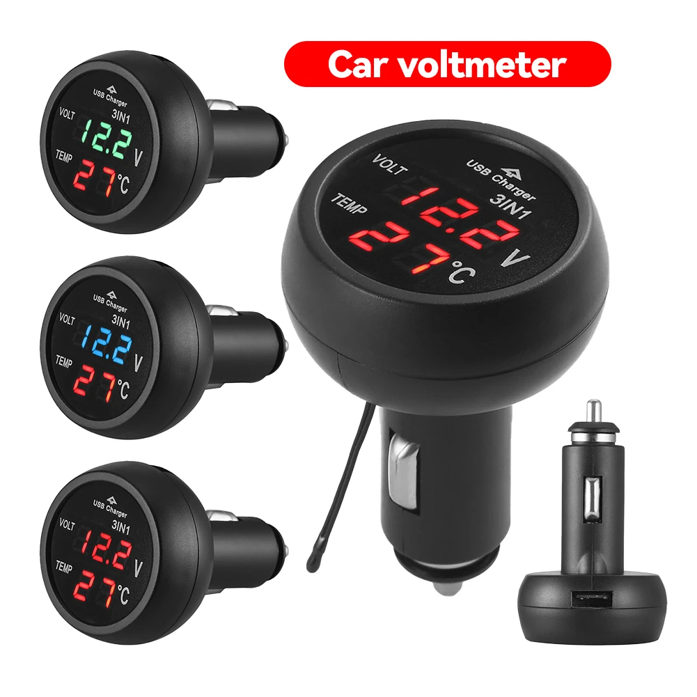 Autoladegerät 3 in 1 12/24 V Ladung mit Voltmeter-Schalter Auto Auto LED Digital Voltmeter Messgerät Thermometer USB-Ladegerät