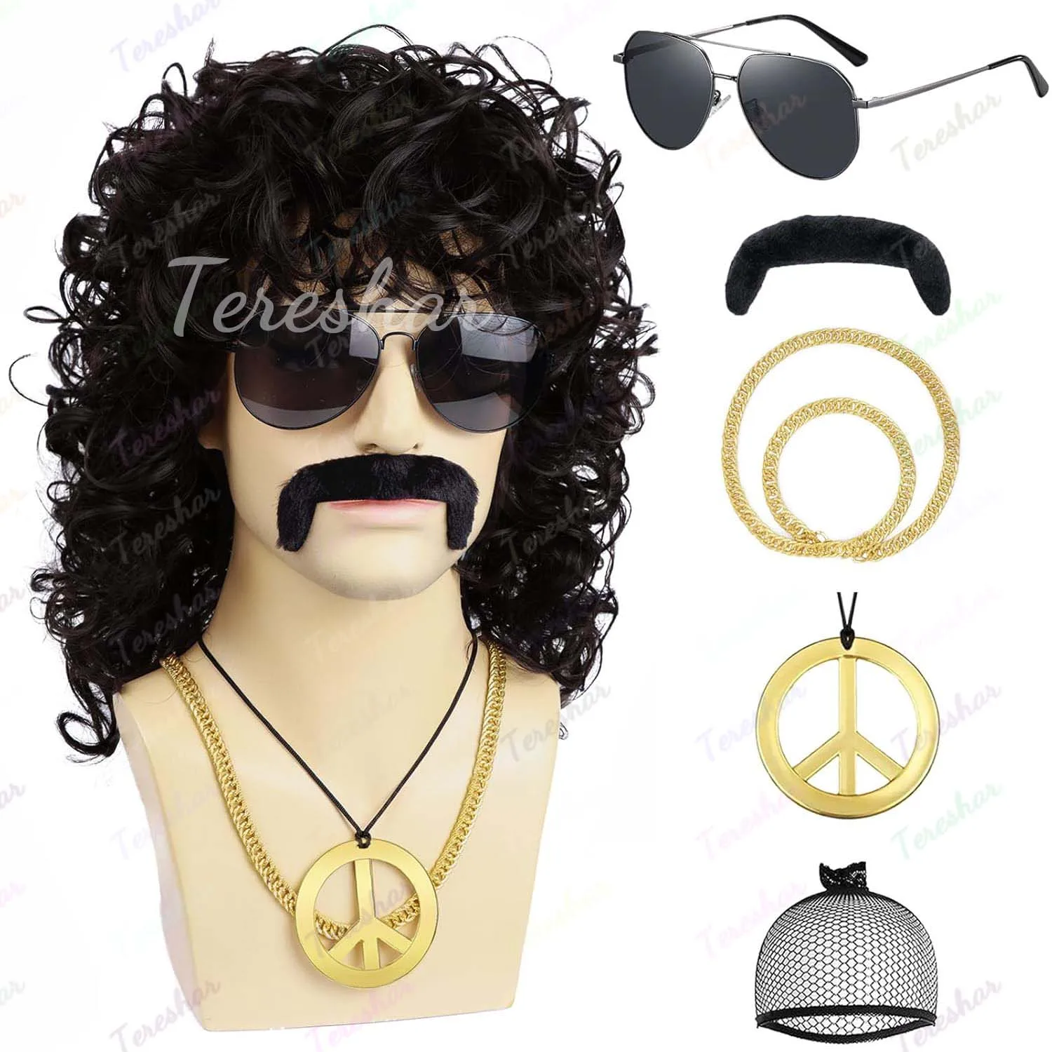 Synthetic 80s Short Jerry Curly Wig for Men with Mustache Glasses and Chain 70s Mullet Wig for Rocker Cosplay(Black,Brown Wig)