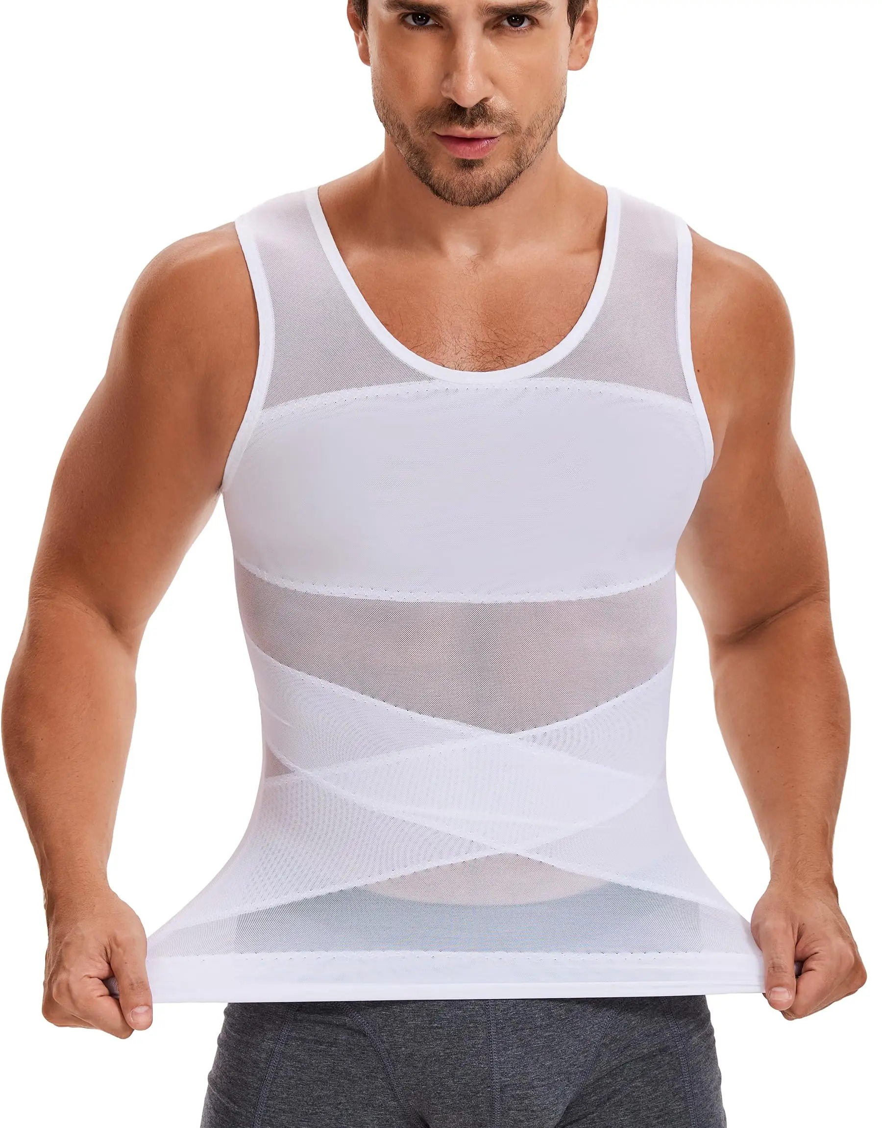 Shapershark Herren Kompressions-Shirt Schlankmachende Körperformer-Weste Gynäkomastie-Unterhemd Bauchkontrolle Shapewear Tanktop – Detail 6