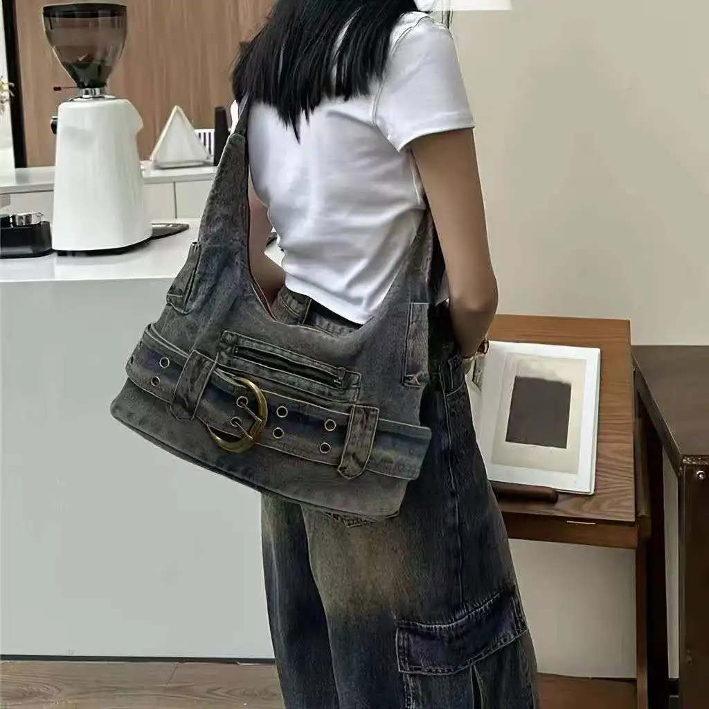 2026 Fashionable retro water-washed denim bag - large capacity versatile distressed crossbody shoulder bag