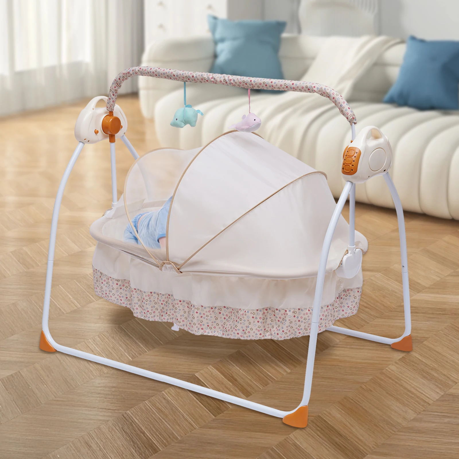 

Foldable Electric Cradle Khaki Luxury Edition Battery Free Portable Baby Furniture 5 swing speeds with Remote Control and Timer