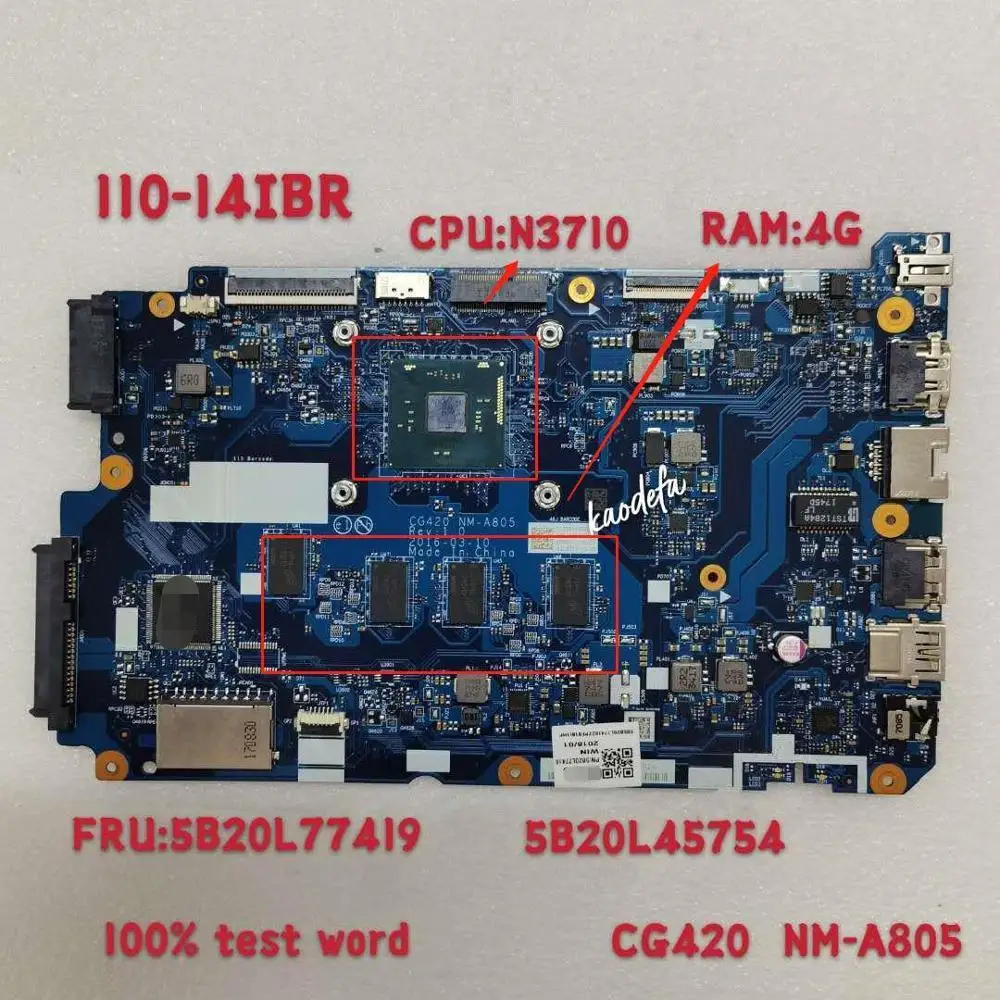 Семейная материнская плата для ноутбука 110-14IBR, материнская плата CPU:N3710 RAM 4G FRU:5B20L77419 100%, тест-слов ОК