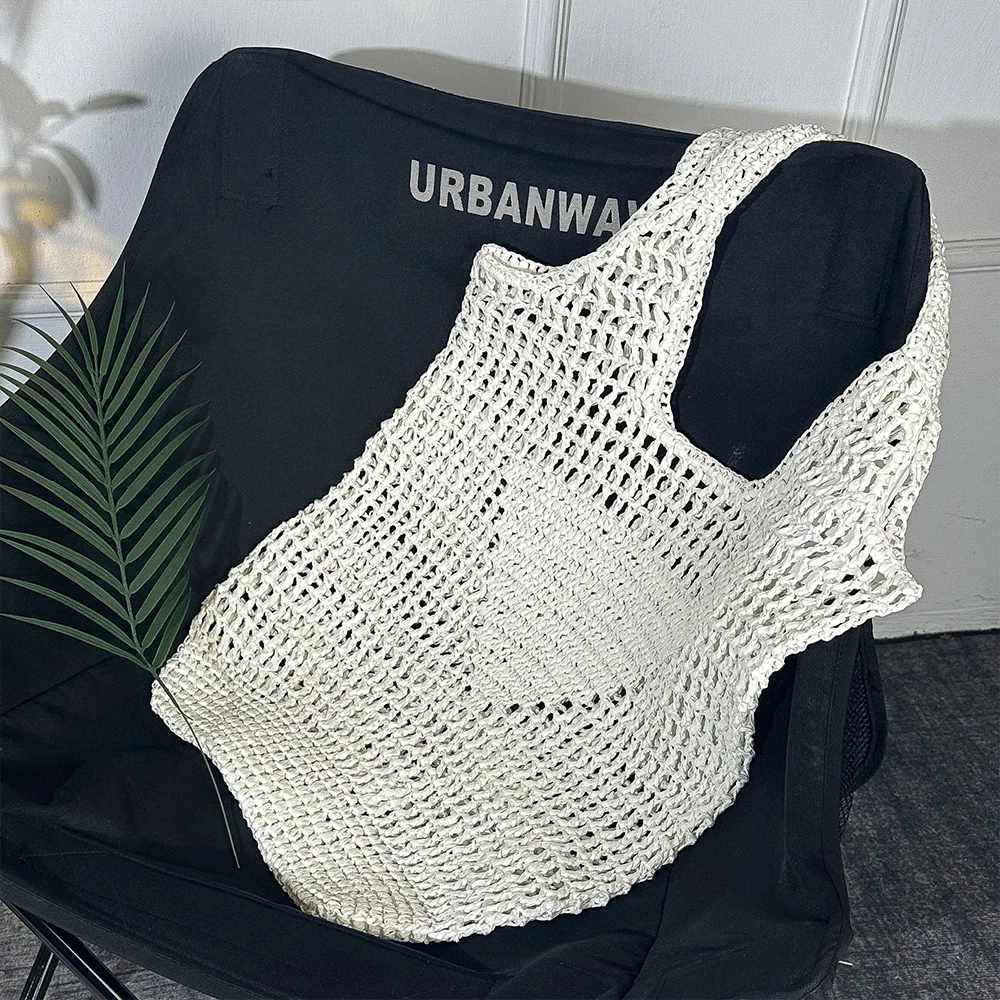 Paper Woven Tote Bag Handmade Summer Beach Handbag 2024 Casual Hollow Straw Women Shoulder Bag Designer Letter Handbag