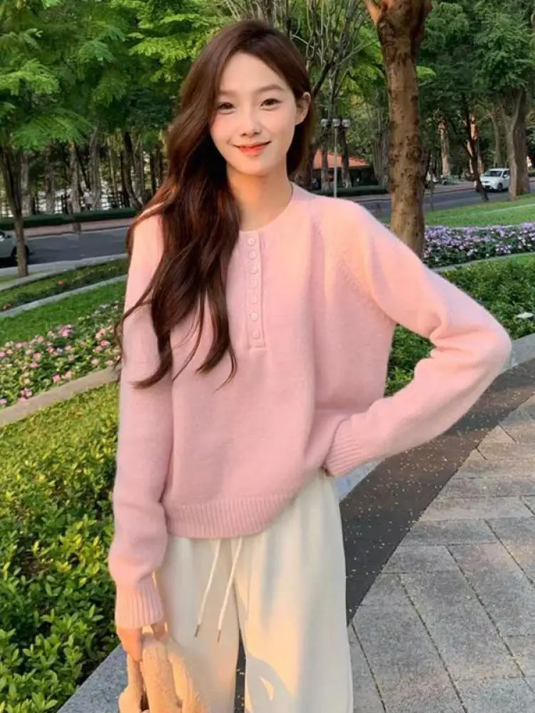 

Korean Fashion Women Yellow Button Long Sleeve Knitted Sweater Autumn Winter Pink Festival Pullover Short Tops Ladies Casual New