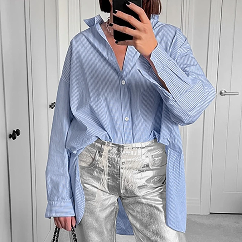 Classic Women Shirt 100% Cotton Blue Striped Shirts Spring Summer Blouses Casual Long Sleeve Turn-down Tops for Lady Womens Tops