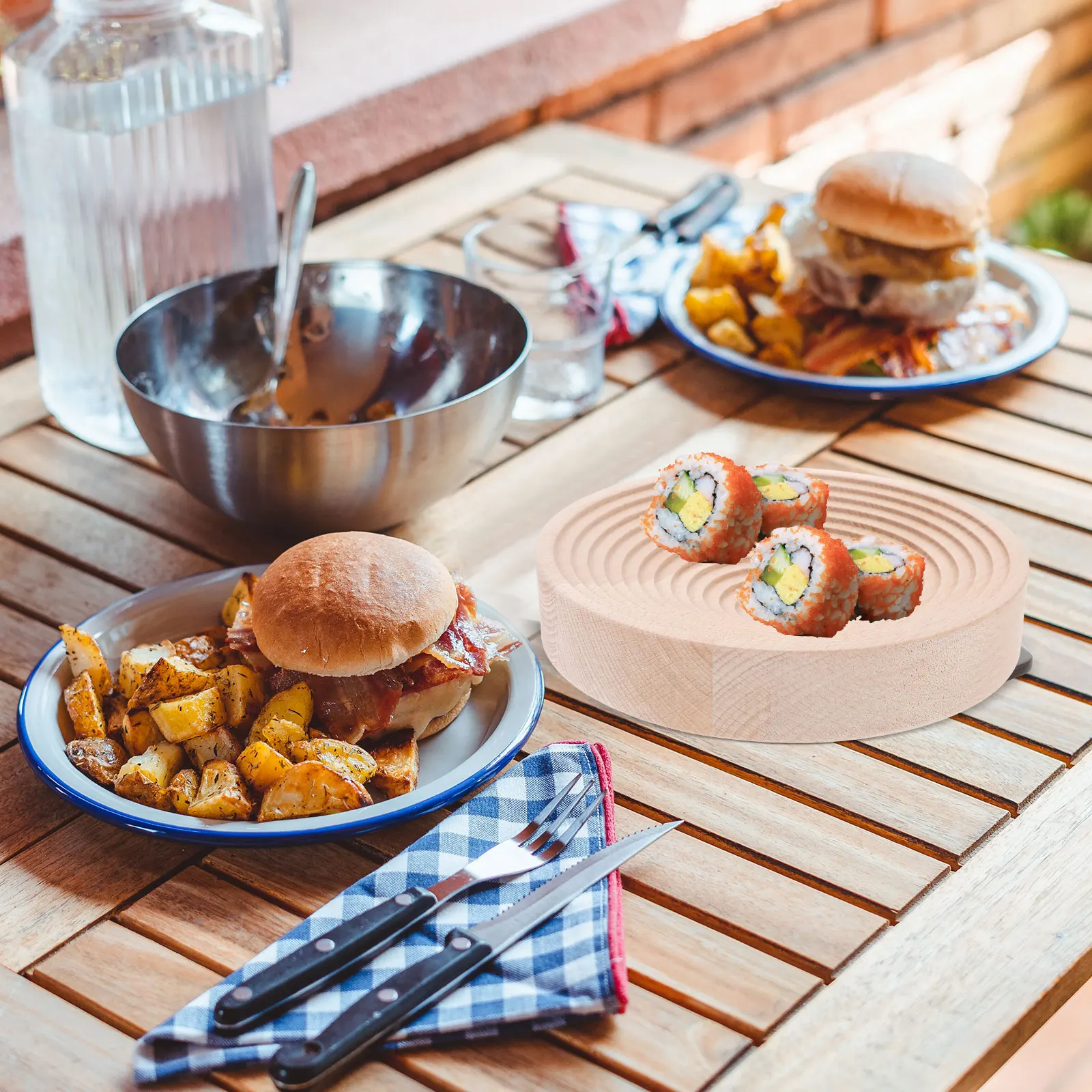 

Wooden Pallet Snack Serving Tray Bread Round Food Trays Cheese with Handles Sushi Plate Fruit Platter