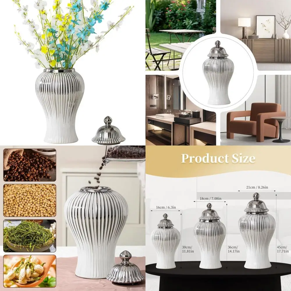 

Modern Handmade White and Silvery Ceramic Ginger Jar with Lid, 12 Decorative Vase for Home, Kitchen, Bookshelf, Storage, Centerp
