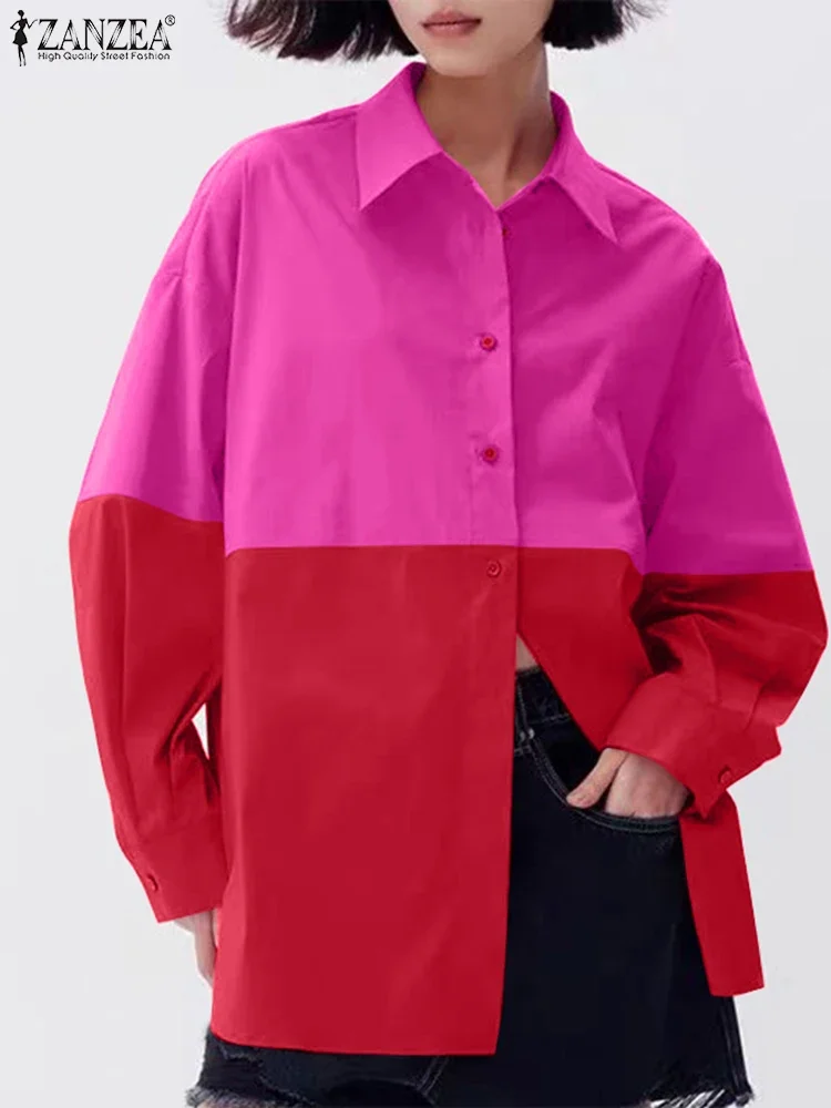 

ZANZEA 2025 женские элегантные рубашки с цветными блоками, повседневные Blusas, осенние модные топы с воротником с лацканами, туники с длинными рукавами, топы, уличная одежда