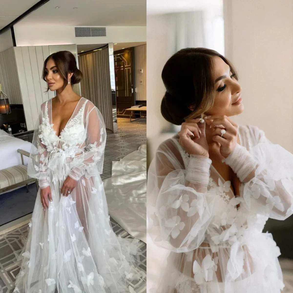 Cswdocy Butterfly Bride Wedding Robe And Nightgown Appliqued Bridal Gowns Photo shoot Maternity Dressing Gown for Photography