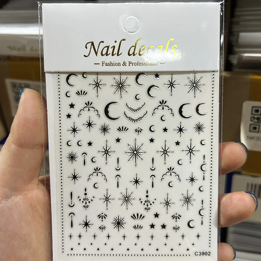 7 unids/set 3D sol/luna/estrella bronceado pegatina artística de uñas oro/plata/negro/blanco estrella Luna calcomanías de uñas 8*10cm autoadhesivo Sli