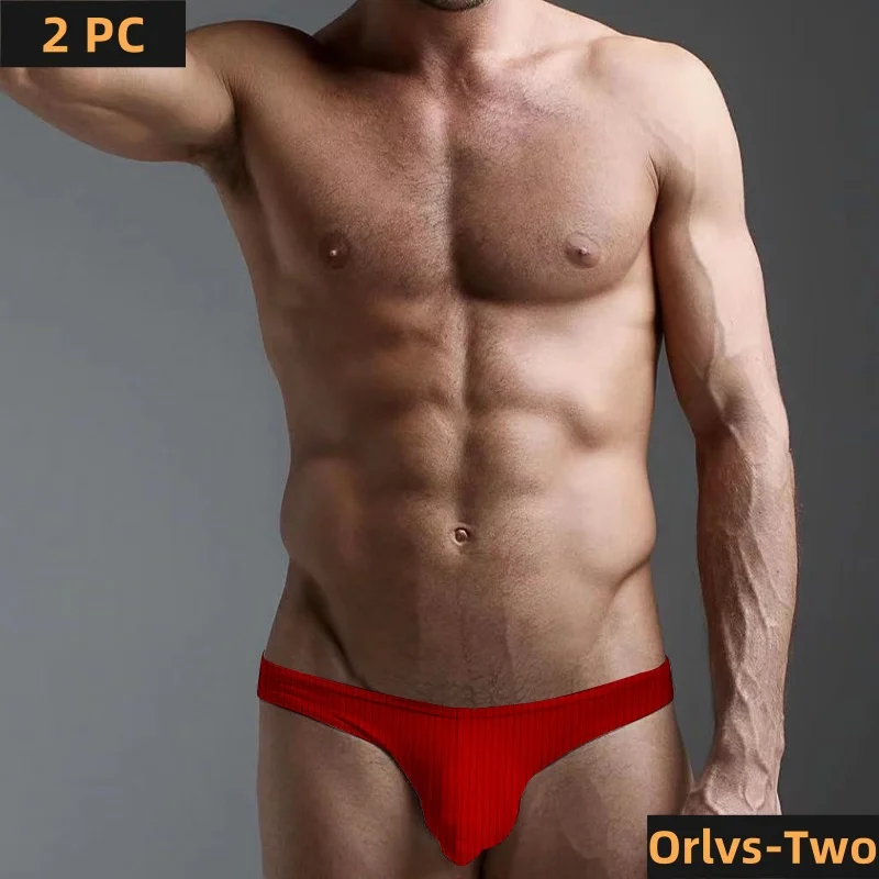 2Pcs Classic Popular Bikini Briefs Men\'s Cotton Pit Cloth Sexy Underwear Breathable Comfortable Soft Beach Surf Youth Underwear