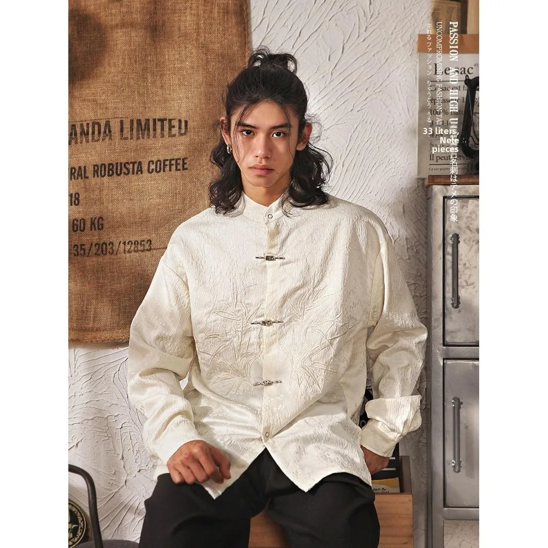 

Новая мужская китайская рубашка-сорочка из шелкового атласа, свободного кроя, в стиле оминг, с пуговицами, молодежный тренд