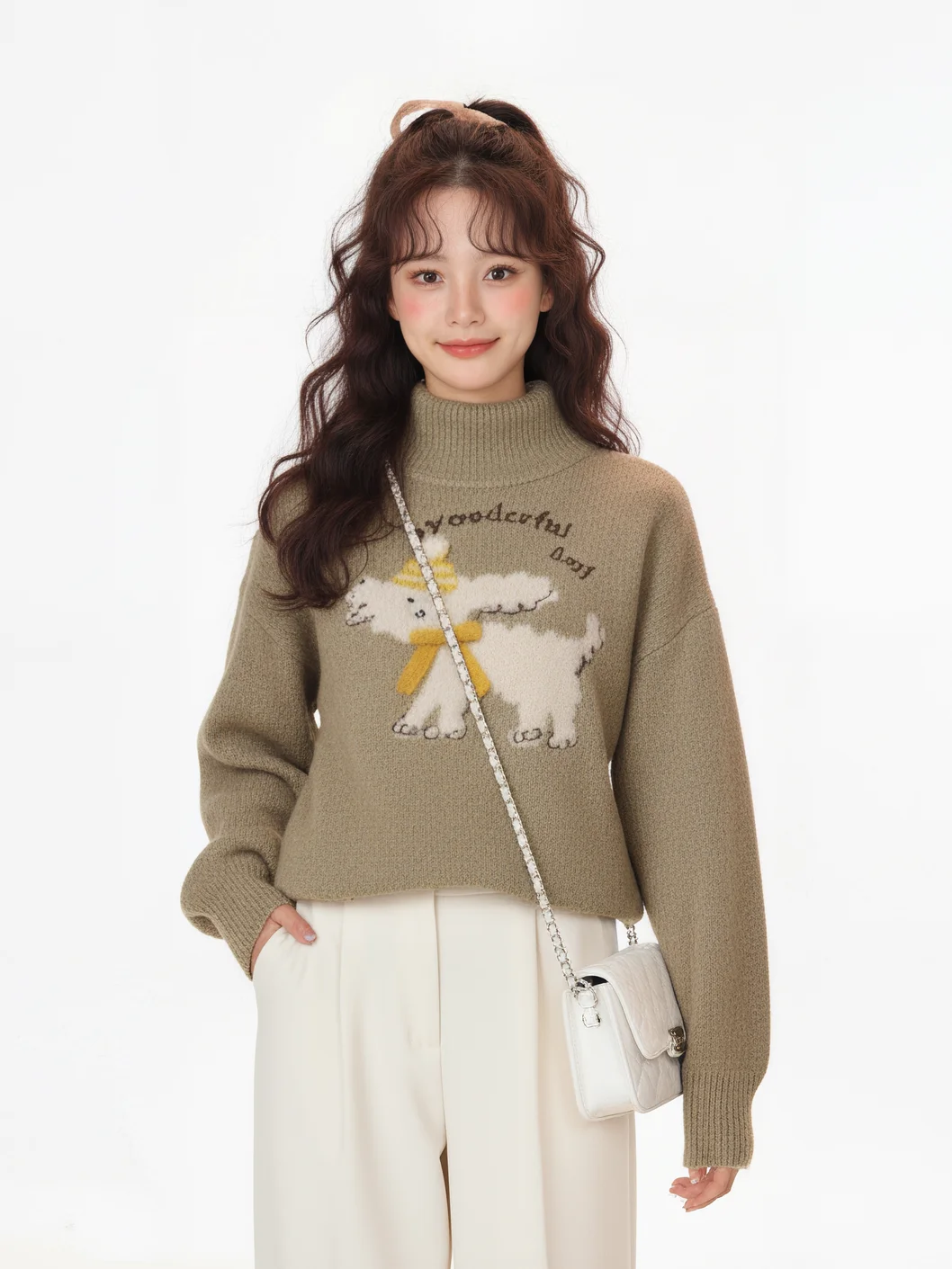 

Cartoon Dog Print High Ne Pullover Knitwear Women Loose Autumn Winter Cute Slimming Top Soft Polyester Blend Long Sve