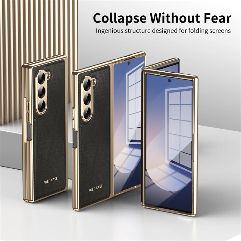 For Samsung Galaxy Z Fold 6 5 4 3 5G Full Coverage Plating Border Hinge Light Phone Case Screen Protector Film Shockproof Cover