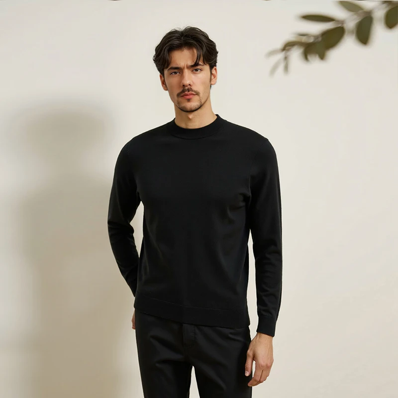 Kaos Rajut Wol 100% Pria Musim Gugur 2025 Kasual Kerah Bulat Slim Fit Tipis Jumper Lengan Panjang Wol Domba Superhalus Atasan Pullover