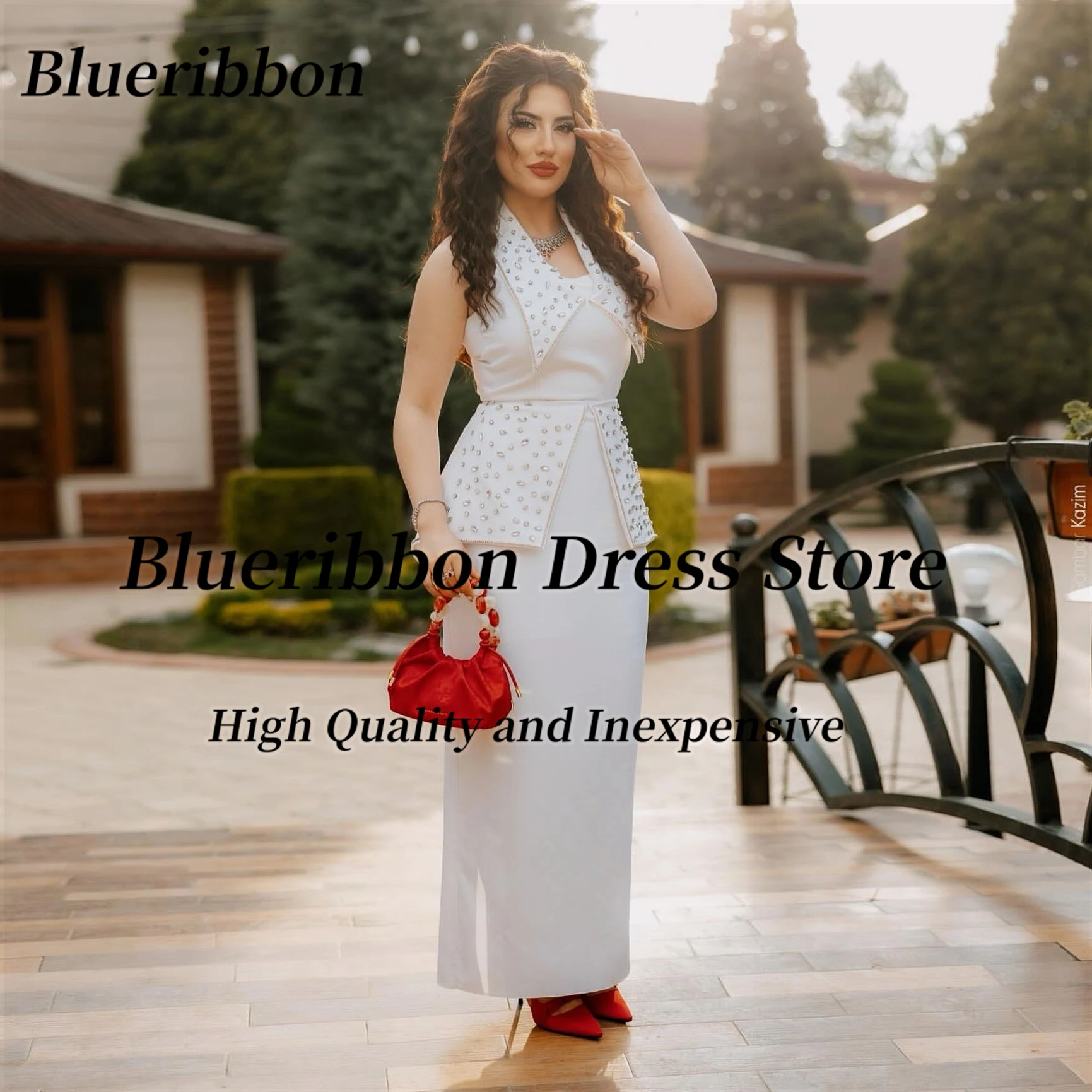 

Blueribbon Lapel Neckline Prom Dresses Crystals Peplum Saudi Women Evening Party Dress Zipper Back Robe Des Soiree Customized